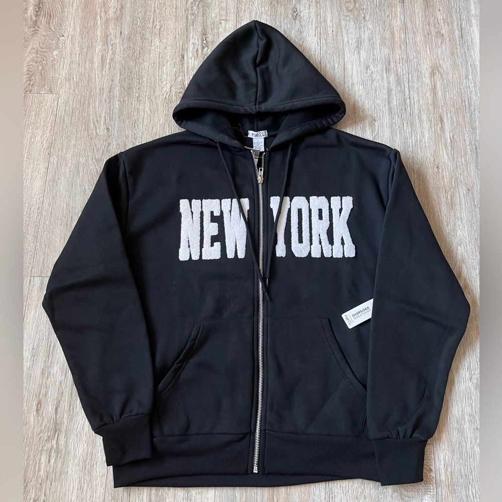 RUE21 New York Sherpa Embroidered Front Logo Hoodie Jacket Oversized Small